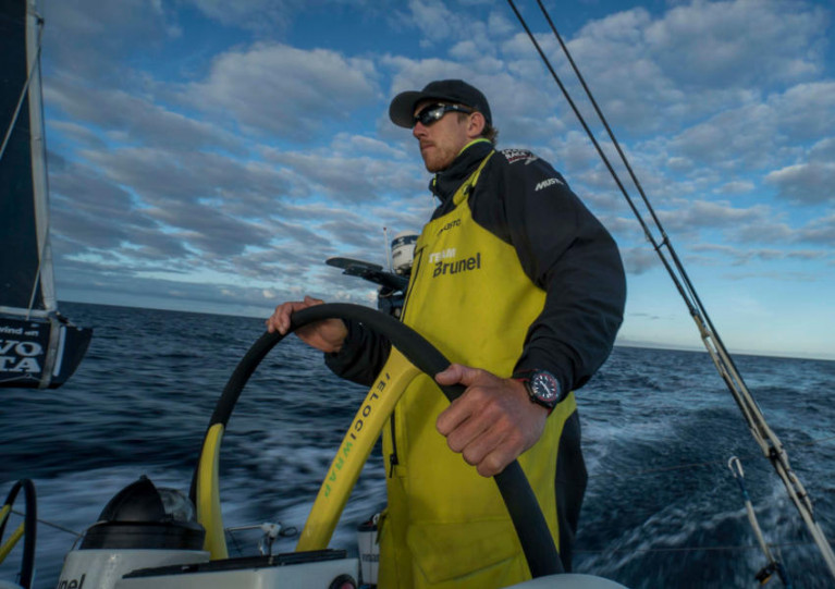 Peter Burling helming Team Brunel on the approach to New Zealand during the 2017-18 edition of The Ocean Race