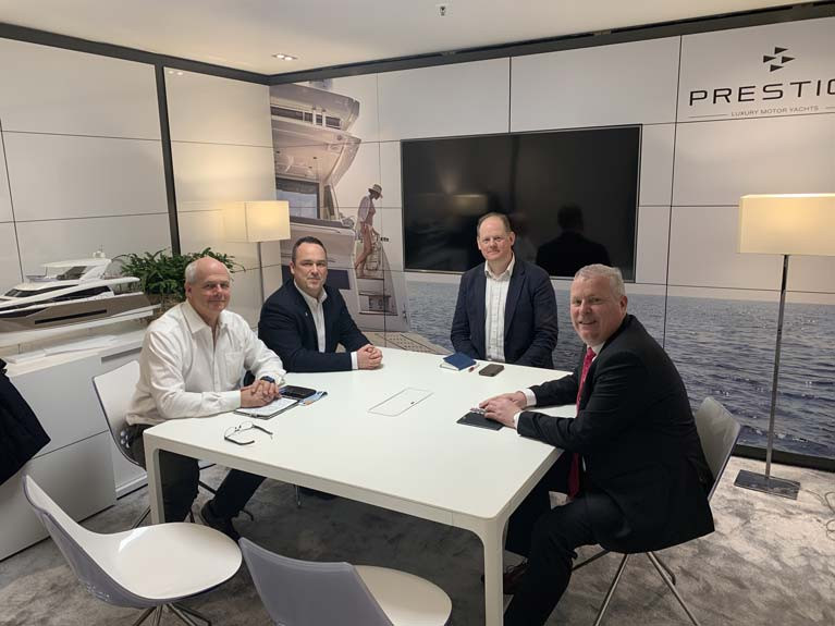 IMF at Boot - Prestige Yachts of France facilitated a meeting of the Irish Marine Federation at its Boot Dusseldorf stand. (From Left) Treasurer Ian O'Meara of Viking Marine, James Kirwan of BJ Marine, Chairman Paal Janson and Secretary Gerry Salmon of MGM Boats