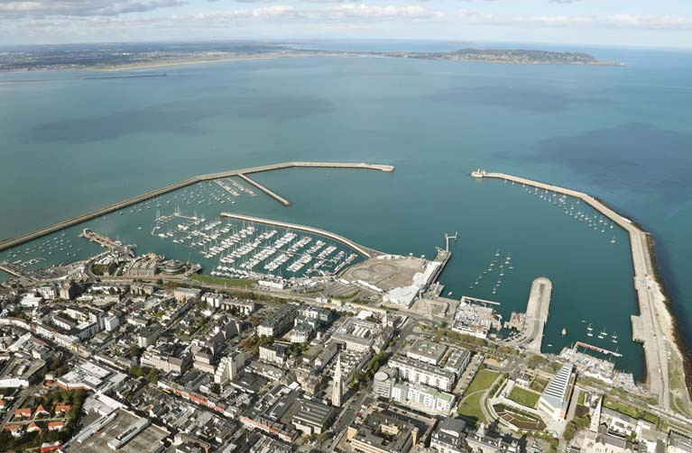 Splendid isolation: A harbour full of boats and an empty Dublin Bay. Dun Laoghaire Harbour is Ireland&#039;s biggest boating centre. Lift in of keelboats for the summer season begins on April 1