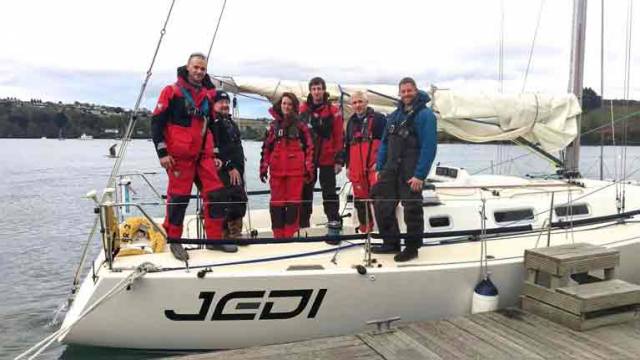 Jedi and her crew in Kinsale yesterday as they prepare to sail on round Ireland with a new breeze