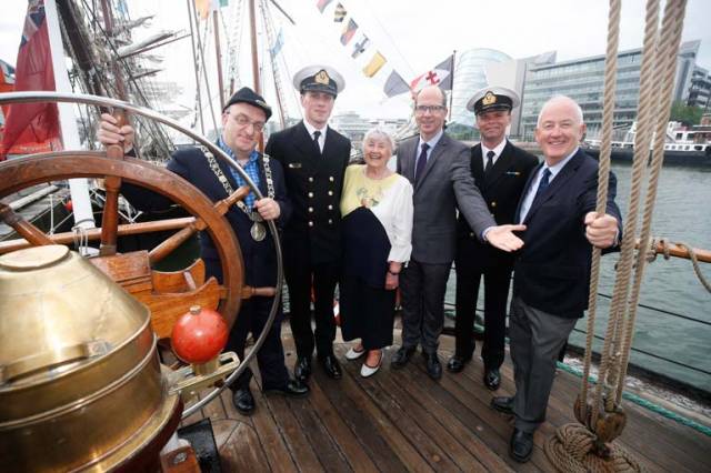 Pictured on board ‘The Pelican of London’ tall ship berthed on Sir John Rogersons Quay were Lord Mayor of Dublin, Mícheál Mac Donncha, LT/CDR of L.E Orla, Ronan McLoughlin, Terre Duffy, Water Ways Ireland, Derek Kelly, Dublin City Council, Mary Weir, Dublin City Council and John McKeown, Waterways Ireland at arrival of The Three Festivals Tall Ships Regatta into Dublin Port today Friday, 1st June until Monday, 4th June 2018