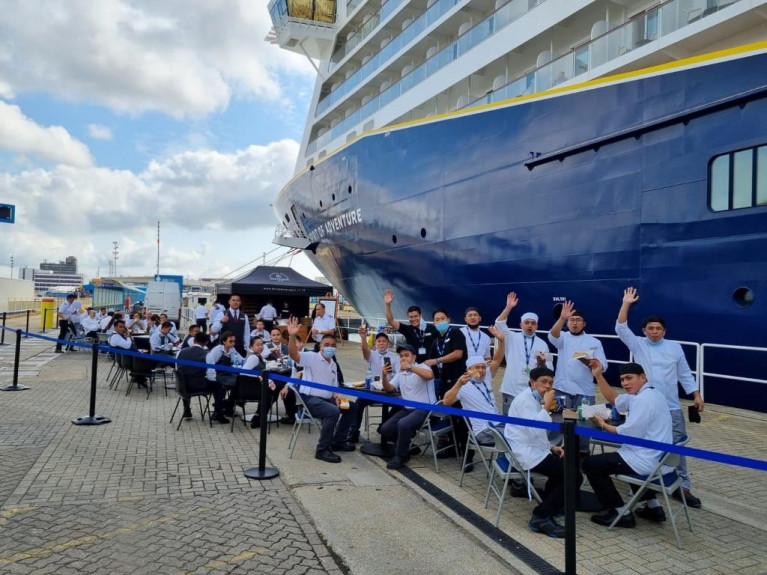 Crew of Saga Cruises brand new Spirit of Adventure were treated to a special lunch break today, as Captain Kim Tanner organised a quayside BBQ in the UK, at Portsmouth for the hard working seafarers who are in a controlled Covid &#039;bubble&#039; to keep cruisegoers safe. A sister, Spirit of Discovery entered service in July, (2019) as the UK operator&#039;s first custom-built cruise ship had then called to Dublin Port. Both ships are currently operating albeit within UK waters due to the ban on cruiseships visiting Irish ports.