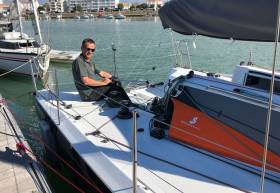 Conor Fogerty onboard the test keelboat in France