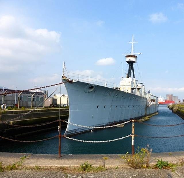 HMS Caroline in Belfast docks, September 2015. She is now nearing the completion of a restoration by Blu-Marine of Belfast in a project led by Staff Captain John Rees OBE