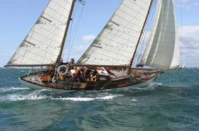 The newly-restored 1937-vintage Arklow-built Maybird racing in the Fastnet in 2011