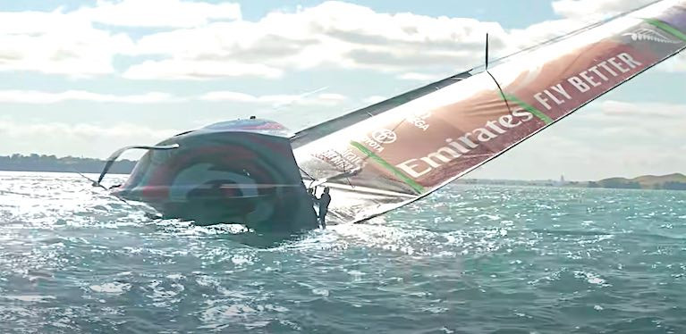 Defenders Team New Zealand nosedived and capsized in an unforced error shortly after gybing