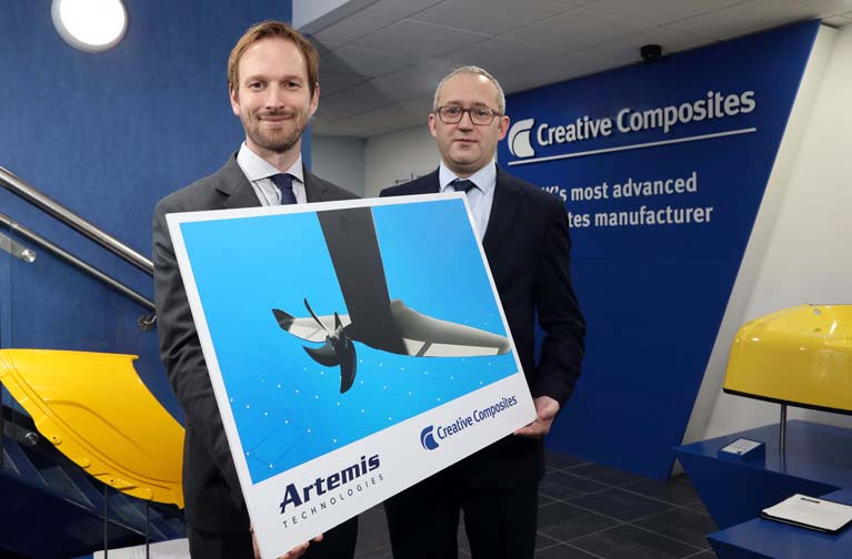 Artemis Technologies Commercial Director David Tyler, left, joins Creative Composites Managing Director Jonathan Holmes to announce a collaboration that will see Lisburn-based Creative Composites make components for Artemis Technologies’ revolutionary new electric eFoiler Propulsion System. It forms part of Artemis Technologies’ wider plans to lead the decarbonisation of maritime transport from its base in Belfast