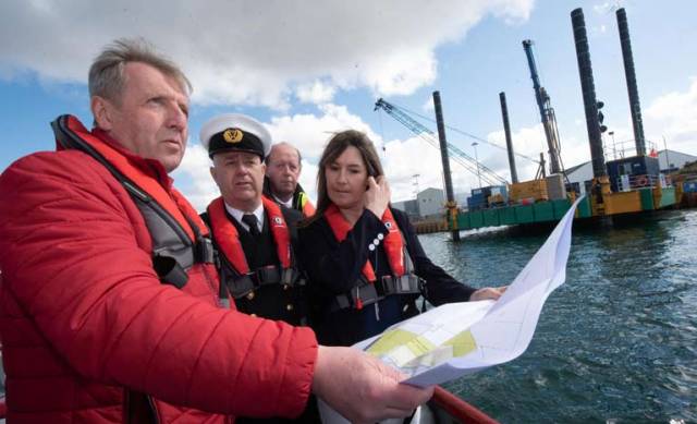 Minister for Agriculture, Food and the Marine Michael Creed TD inspecting harbour works at the official opening of the harbour administration building in Castletownbere with harbourmaster Cormac McGinley, Tony O’Sullivan, engineer and Kelly Guiney, Engineer