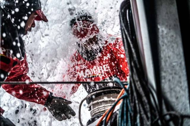 Antonio Cuervas-Mons is smashed by the water on board MAPFRE, Wednesday 13 June
