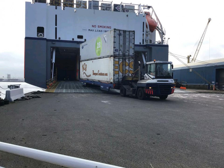 A freight-ferry providing direct links between Ireland and the EU and where a mafi-trailer is been discharged. 