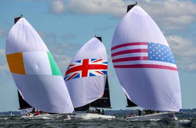 Flying the flag for Ireland, asymmetric style. The US and UK in downwind dicing with Ireland, represented by Royal Cork YC and skippered by Anthony O’Leary, in the New York YC 20-team international series in September at Newport, RI. Ireland finished third overall in a series raced in the new Melges IC 37s, designed by Mark Mills of Wicklow