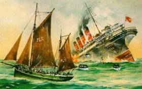 May 7th, 1915. The sailing fishing boat Wanderer from the Isle of Man is first on the scene after the Transatlantic liner Lusitania is torpedoed ten miles off the Old Head of Kinsale by a German submarine as an act of war. The first survivors have already been hauled on board Wanderer, while others struggle towards their rescuer in the water or on lifeboats
