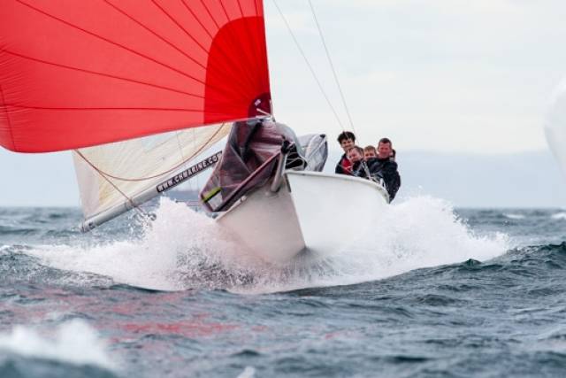 A 1720 powers downwind at a Cork Harbour based Euro Champs in 2014