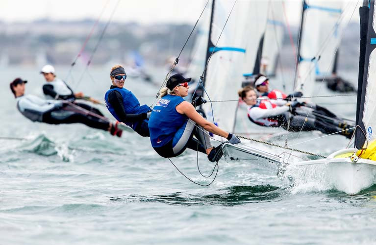 Charlotte Dobson (left) teamed with Dublin Bay&#039;s Saskia Tidey won two 49erFX World Championships Races in Geelong Australia