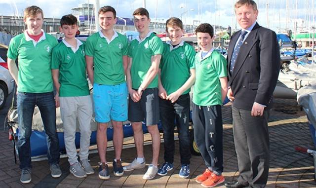Leinster Schools Team Racing Winners Gonzaga College SJ with (right) Frank O'Beirne of the Royal St. George Yacht Club
