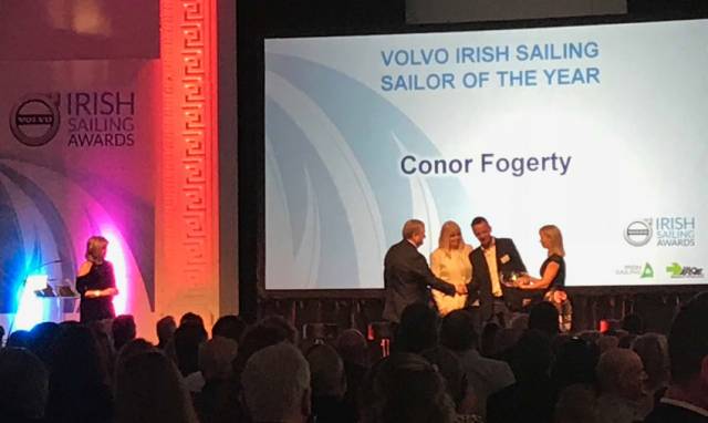 Conor Fogerty receiving the Volvo Irish Sailor of the Year Award for 2017 at the RDS tonight