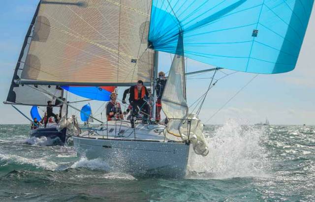 Jean Mitton's Levana of the Royal St. George Yacht Club leads Chris Johnston's National Yacht Club entry Prospect in the Beneteau 31.7 Championships on Dublin Bay