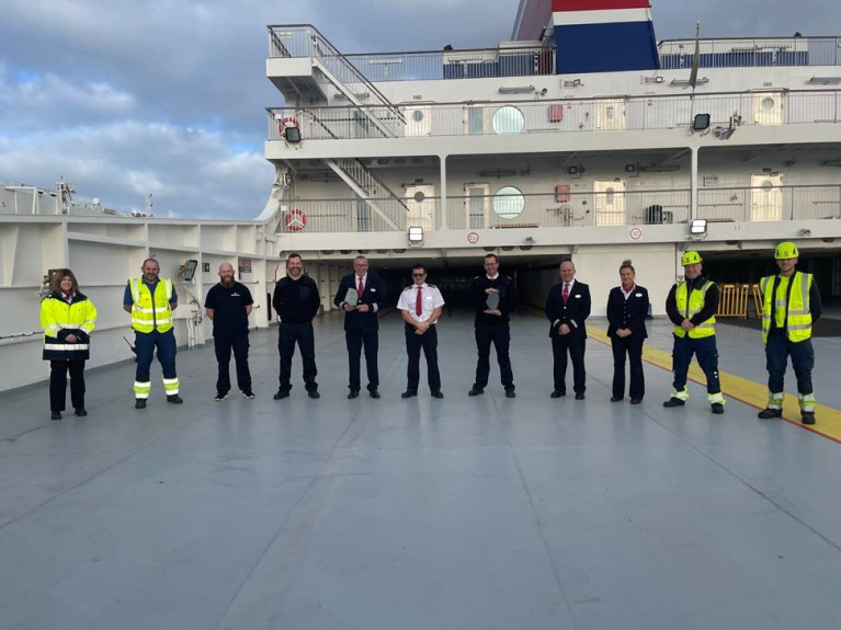 TOP SHIP: Stena Estrid, leadship of the E-Flexer class with crew seen on the uppermost vehicle deck. The ro-pax ferry which entered service in 2020 to serve Dublin-Holyhead, has since also served temporarily on almost all of the operators Irish Sea routes as well as Rosslare-Cherbourg. 