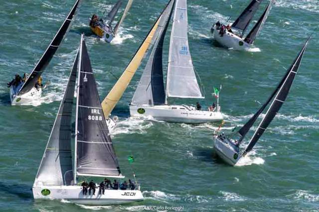 The start of something big. The Irish National Sailing School’s J/109 Jedi (IRL 8088, skipper Kenneth Rumball) gets away with a close start on Sunday in the Rolex Fastnet Race 2017. She finished first in Class 3B