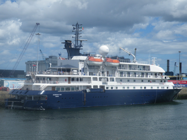 Afloat&#039;s photo of the diminutive Hebridean Sky berthed at Dublin Port&#039;s North Quay Wall Extension where the port has decided to abandon plans for cruise-berth expansion to enable considerably larger such ships to enter the capital port