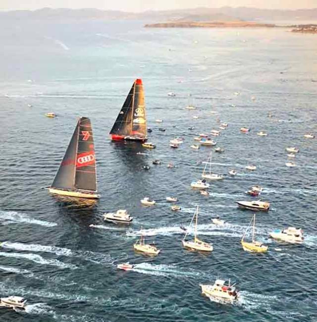 The moment of truth. With less than ten miles to the finish on the Hobart waterfront and the wind almost gone, Wild Oats (foreground) gets ahead of LDV Comanche, and stays ahead.