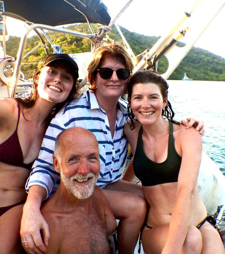 Atlantic voyager Garry Crothers with wife Marie and daughters Oonagh (left) and Amy (right) aboard their Ovni 435 Kind of Blue in the Caribbean