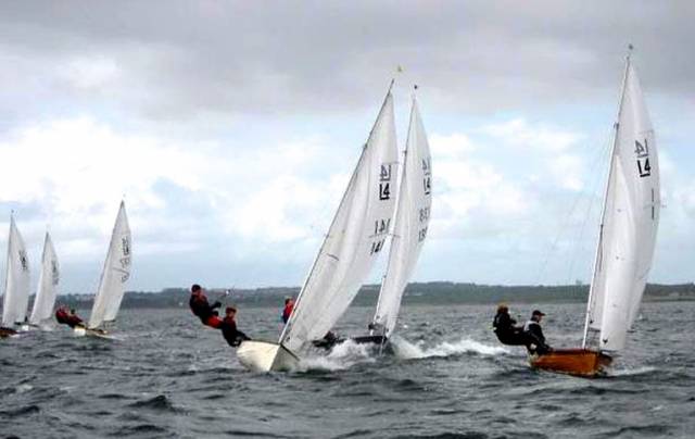The IDRA 14 fleet at their Nationals 2017 which concluded on Saturday at Galway Bay SC. The diverse wooden and glassfibre fleet included Number 1, Chimaera (Killian Sargent, right,) which was built in 1946