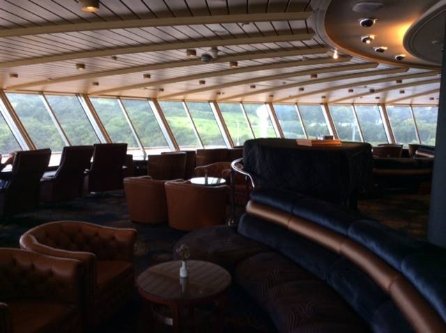 The forward observation lounge above the bridge of HAL's cruiseship, Prinsendam berthed yesterday at Killybegs with the lush green hills surrounding the port. Today the 700 plus passenger cruiseship is at anchorage in Galway Bay 