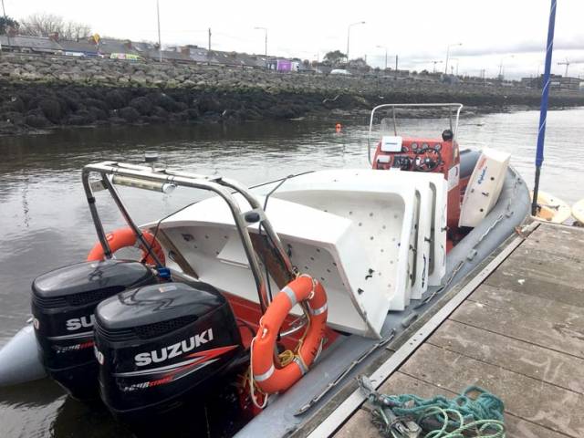 Irish National Sailing School Optimist training dinghies. transported by INSS RIB. arrive at Poolbeg Yacht Boat & Club for Easter Junior Sailing Courses in Dublin City Centre