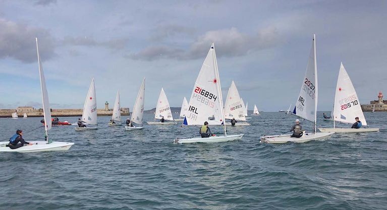Dun Laoghaire Laser sailors racing inside the town's harbour in 2020
