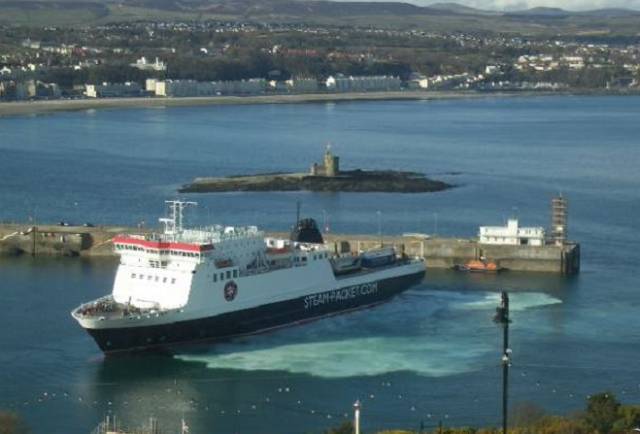 Deal to safeguard 'strategic sea services. Above: Afloat adds the Isle of Man Steam Packet's ropax Ben-My-Chree is seen swinging within Douglas Harbour. 