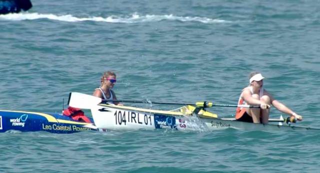 Sionna Healy (right) in action at the World Coastal Rowing Championships in Hong Kong. Scroll down for highlights video