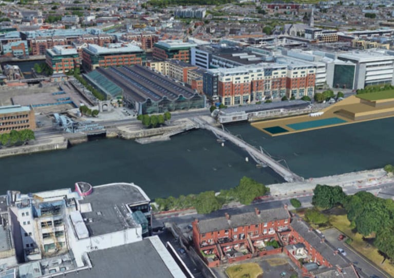 An artist’s impression of the floating pool (right) separated by the Sean O’Casey Bridge from George’s Dock (left)
