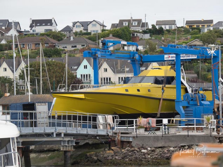 Thunderchild II on the hoist at Crosshaven Boatyard this week; a planned 2020 transatlantic record bid is now on hold