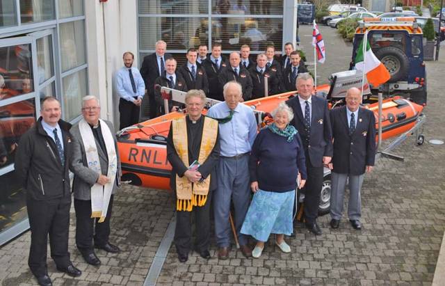 Celia Mary’s widower Peter Ross and best friend Rea Hollis joined by local clergy and RNLI staff at the naming ceremony in Clifden yesterday 