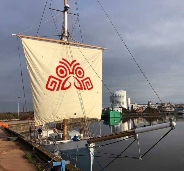 Symbol for a voyage – the Salmons Wake logo inscribed on Ilen’s squaresail in the Ted Russell Dock in Limerick