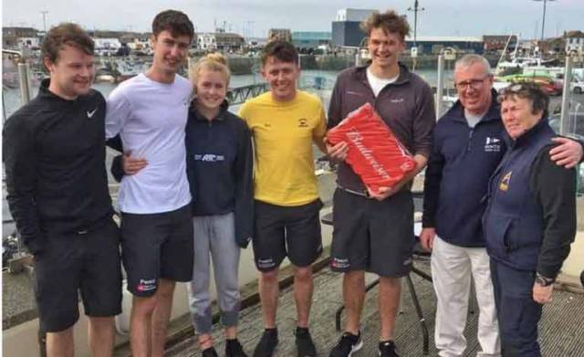 The successful Cork Institute of Technology team at the Student Yachting Selection Trials at Howth over the weekend were (left to right) Ewan O’Keeffe, Mark Murphy, Morgan Knight, Harry Durcan (helmsman) and Grattan Roberts, with Commodore Ian Byrne HYC, and Race Officer Scorie Walls