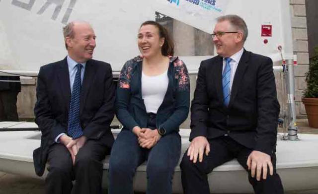 The 2018 Laser dinghy Masters World Championship will be sailed off Dun Laoghaire. Pictured at today's launch are Shane Ross T.D. Minister for Transport, Tourism and Sport with Annalise Murphy, 2017 Olympic Silver Medalist in the Laser class at the Rio Game, (who will act as event ambassador) and Paul Keeley, Director of Business Development with Failte Ireland