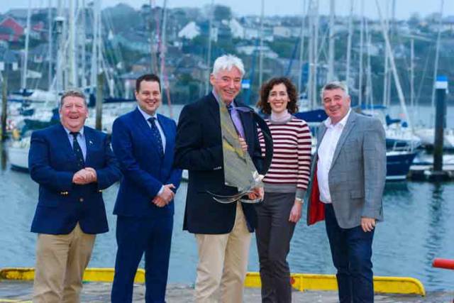 Bobby Nash, Sovereigns Cup Regatta Director holding the Michelle Dunne Prix d' Elegance trophy with Kinsale Yacht Club Commodore Dave O'Sullivan; Brian Goggin and Hellen Kelly from sponsors O'Leary Life and celebrity chef Martin Shanahan of Kinsale's award-winning Fishy Fishy restaurant pictured at the launch of the O'Leary Life Sovereign's Cup at Kinsale Yacht Club