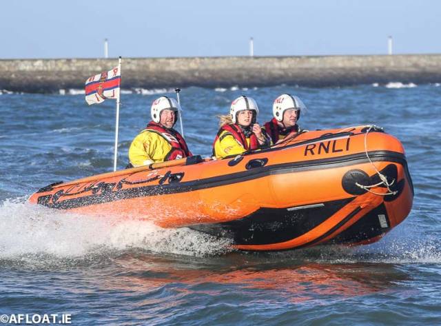 Dun Laoghaire's RNLI inshore lifeboat was called out to a swimmer on Dublin Bay today. Lifeboat cre onboard were (left to right) Damien Payne, Laura Jackson and PJ Gallagher 