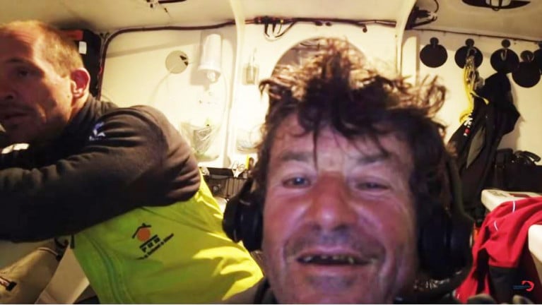 Kevin Escoffier, left, was rescued by Jean Le Cam and the pair appeared via video link from Le Cam’s yacht