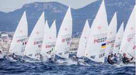 James Espey (206752, fourth from left) and Finn Lynch (182600, third from right) in today&#039;s tight first race of the Laser class at the Trofeo Princesa Sofia Regatta in Palma. The event is the second part of the Irish mens Laser trial for the Rio Olympics