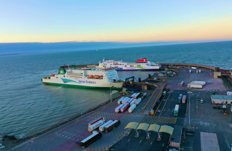 Wexford&#039;s ferryport of Rosslare as seen in April where Irish Ferries cruisferry Isle of Inishmore is preparing to depart for Pembroke and Stena Line&#039;s ropax ferry Stena Horizon which connects Cherbourg. In addition is Brittany Ferries &#039;economie&#039; branded ropax Kerry (which AFLOAT adds is seen as a &#039;dot&#039; above the bridge of the Stena ferry) which arrived from Bilbao awaits offshore for a berth to become vacant. 