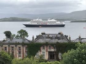 MS Prinsendam of Holland America Line at anchor off Bantry House &amp; Garden, West Cork. The call of the 37,000 tonnes cruiseship was the first in almost 30 years to the stunning location of Bantry.