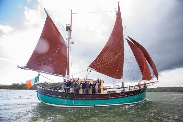 A traditional gaff rigged ketch, The Brian Boru, operates on the Waterford Estuary
