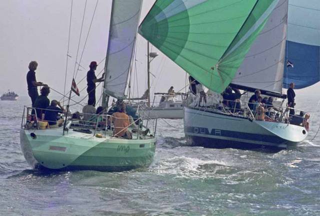 The spirit of San Francisco, relaxed but effective. Imp at the start of the 1977 RORC Channel before she went on to be overall winner of that year’s Fastnet Race. Her intriguing stern is much in evidence – it tried and succeeded in finding the balance between upwind speed and downwind power