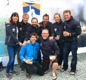That winning feeling….the crew of the Irish National Sailing School’s J/109 Jedi in Plymouth after winning Class 3B in the Rolex Fastnet Race 2017 are (left to right, back row): Deirdre Foley, Lorcan Tighe, Fearghus McCormack, George Tottenham, Kylie McMillan and Kenneth Rumball. Front row: Conor Kinsella and Keith Kiernan