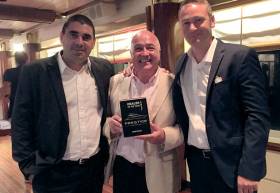 MGM Boats John O&#039;Kane (centre) with the &#039;Dealer of the Year&#039; award and Jeanneau executives (left) Jean-Philippe Brun, European sales director and Jean-Paul Chapeleau, Jeanneau CEO at the dealer conference in Turkey