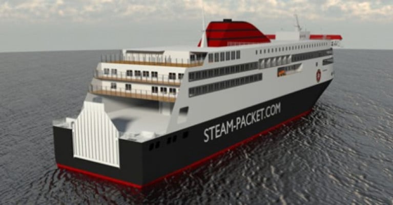 The IOM Steam Packet's order for a newbuild, Manxman (due 2023) will according to the Manx Infrastruture Minister, ramp up the cost to construct the new Liverpool ferry terminal. AFLOAT adds above CGI image of the ship's stern showing the vehicle ramp. 