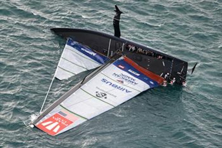 Patriot capsized after day three of the Prada Cup in Auckland